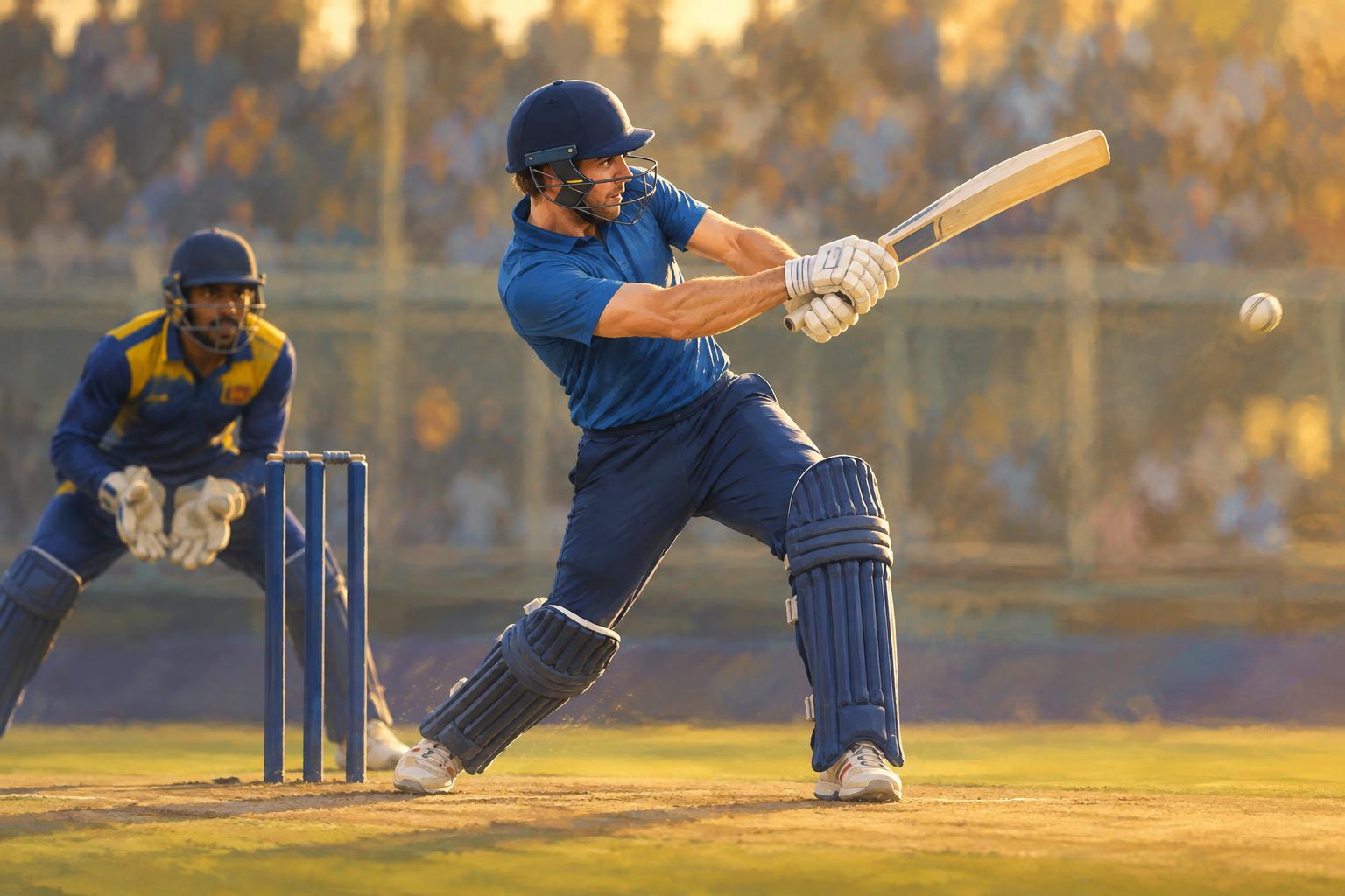 Illustration of a batter in blue swinging at a white ball, with a Sri Lanka wicketkeeper crouching behind the stumps in golden light.