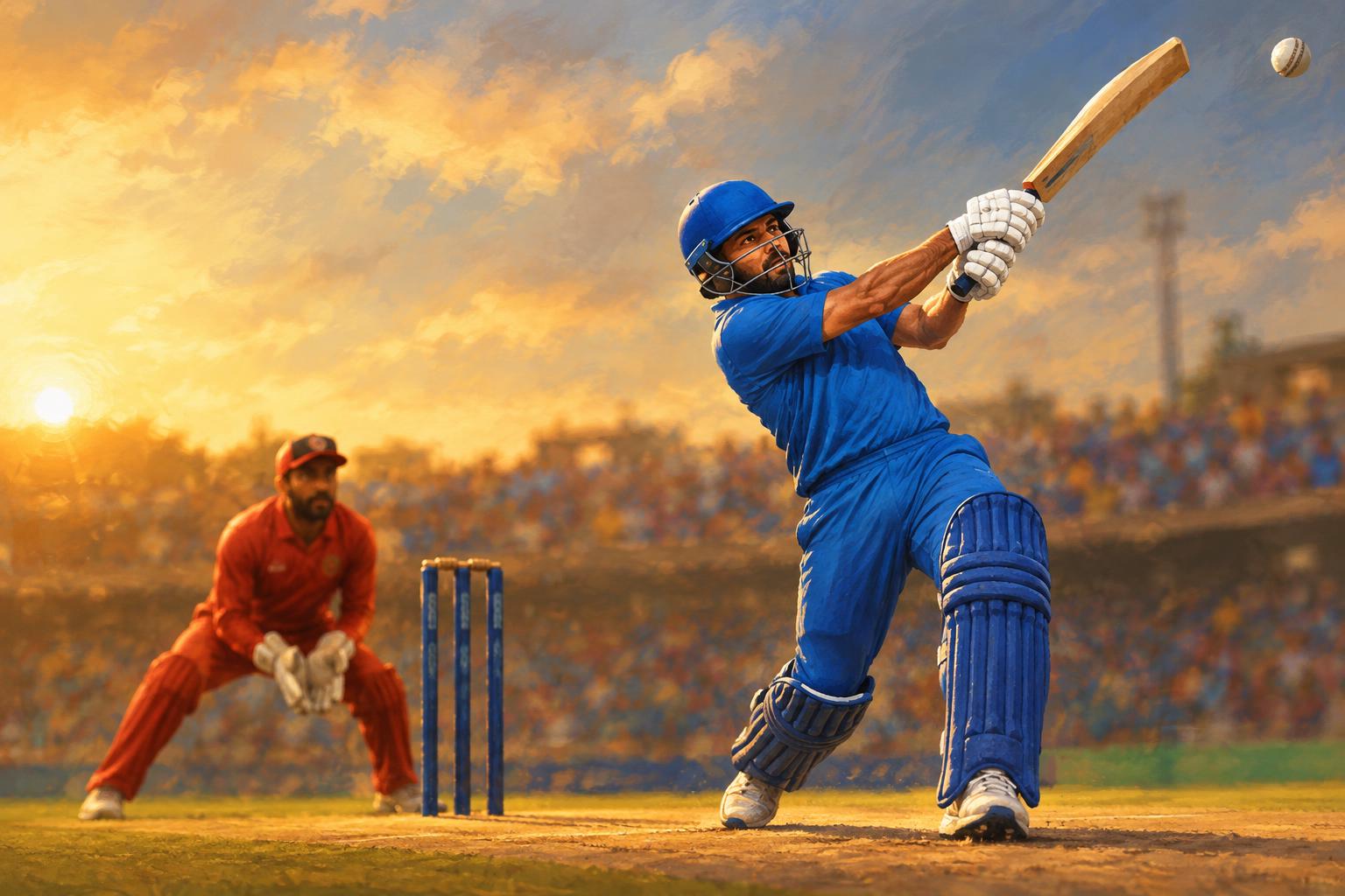 Illustration of a batter in blue lofting a ball, with a wicketkeeper in red behind the stumps and crowded stands beneath a golden sunset.