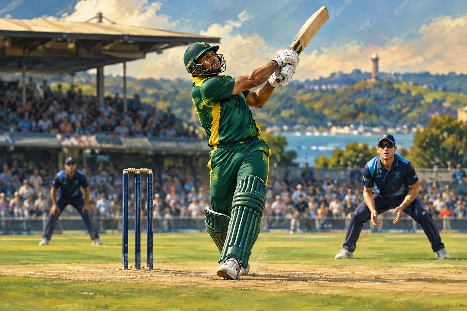 Illustration of a batter in green and yellow holding a high follow-through beside the stumps, with two navy-clad fielders and spectators behind.