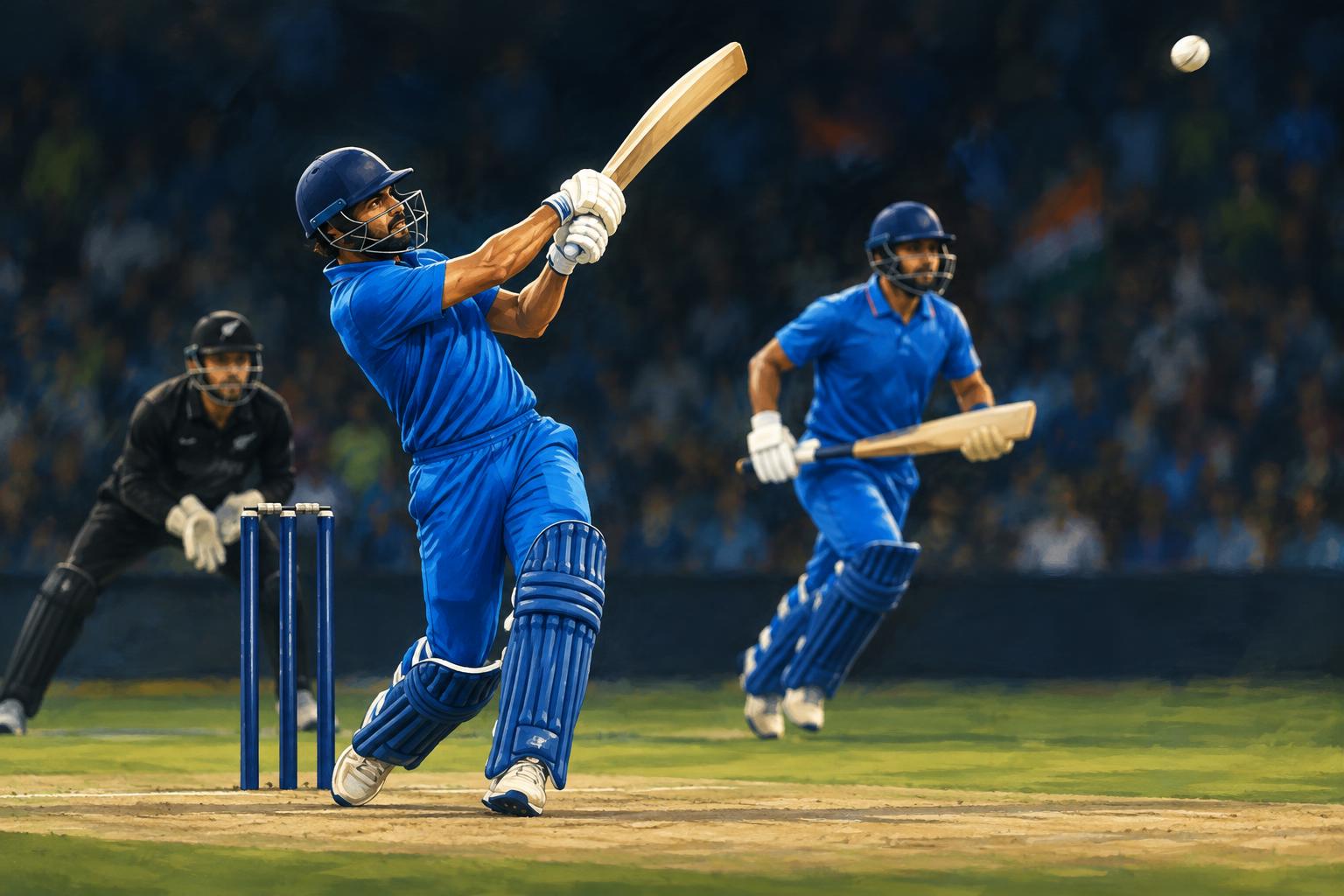 Illustration of an India batter lofting the ball, with a partner in blue and a New Zealand wicketkeeper behind the stumps.