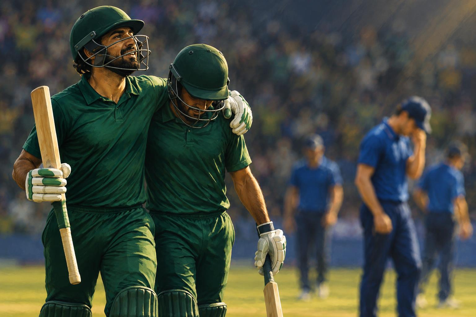 Illustration of two Pakistan batters in green walking together, one with an arm around the other, as blue-clad opponents stand behind.
