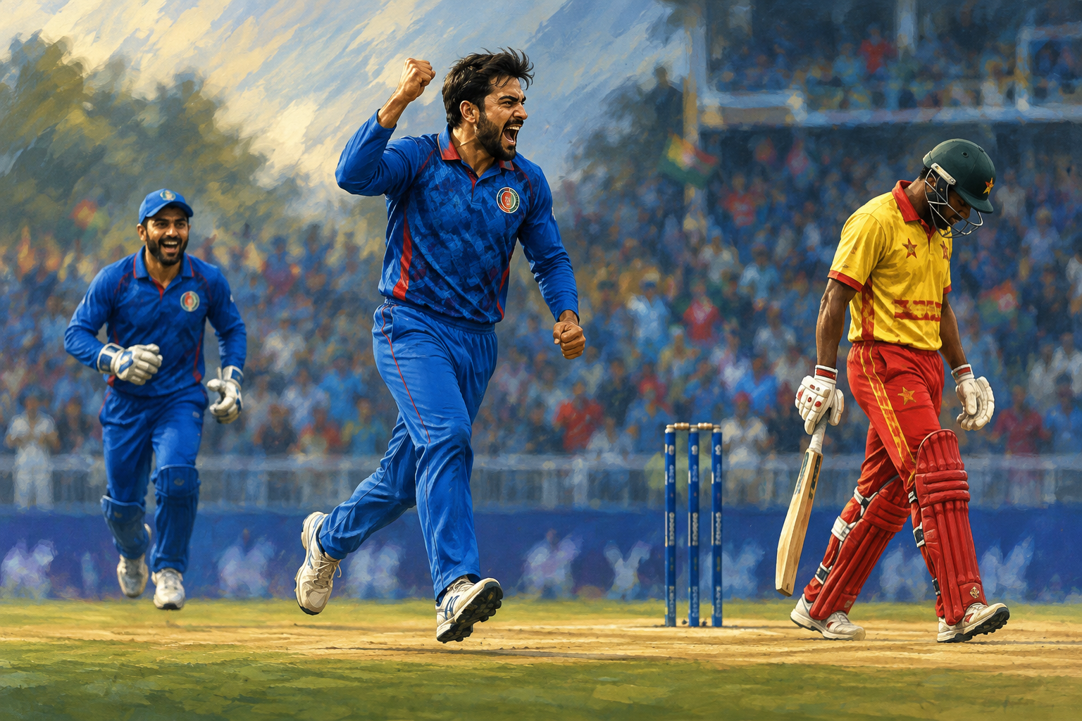 Illustration of an Afghanistan bowler raising his fist beside a celebrating teammate as a Zimbabwe batter walks away with his head lowered.