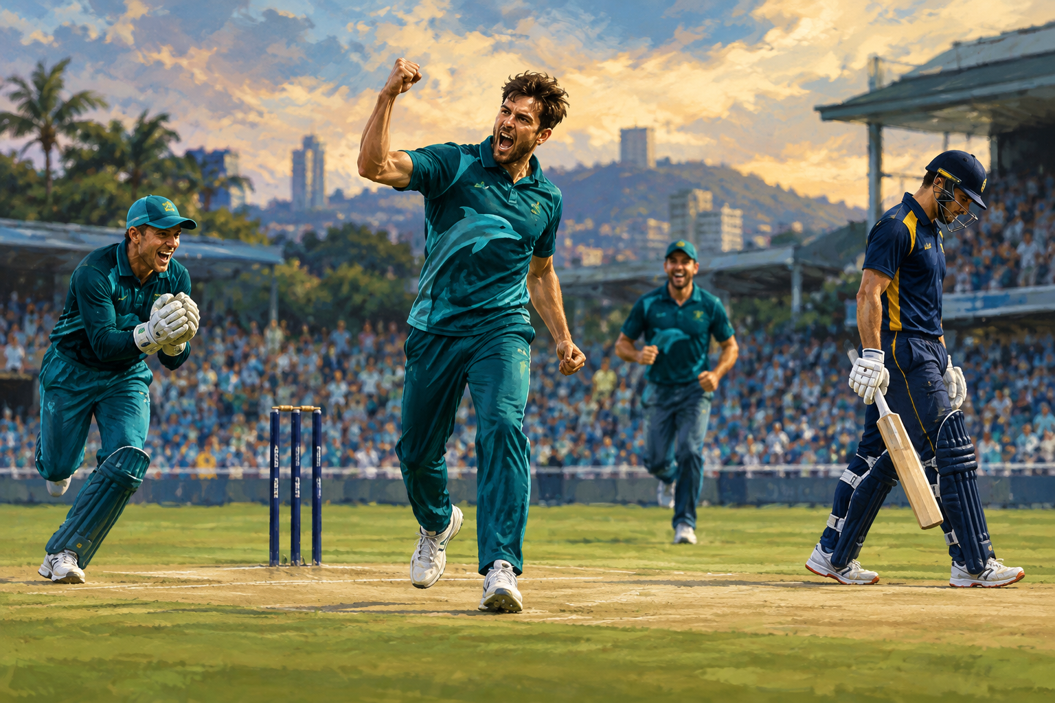 Illustration of a Dolphins bowler raising his fist as a gloved teammate celebrates and a navy-and-yellow batter walks away.
