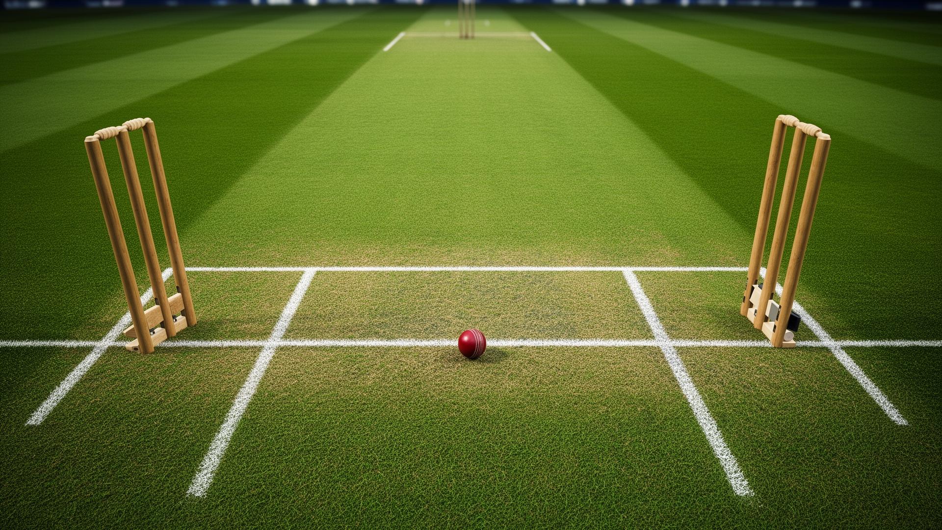Cricket pitch with stumps, creases, and ball - comprehensive guide to all 42 laws of cricket