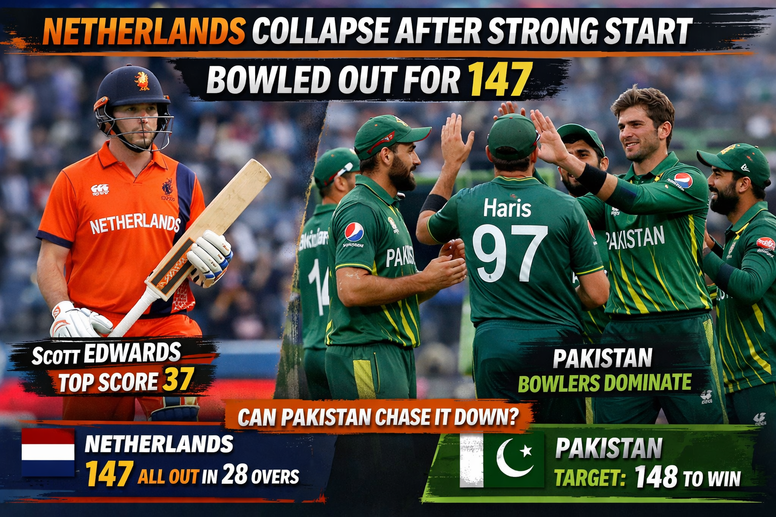 Netherlands All Out for 147 vs Pakistan