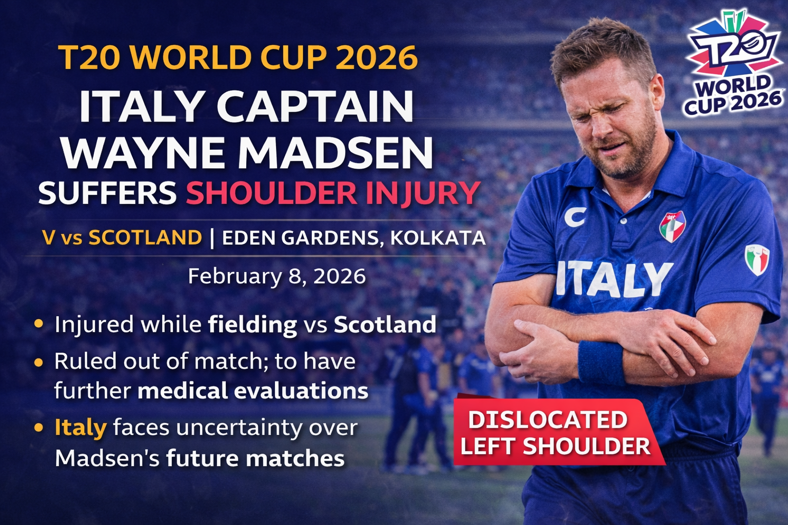 Italy cricket captain Wayne Madsen clutching his shoulder after dislocation against Scotland in T20 World Cup 2026.