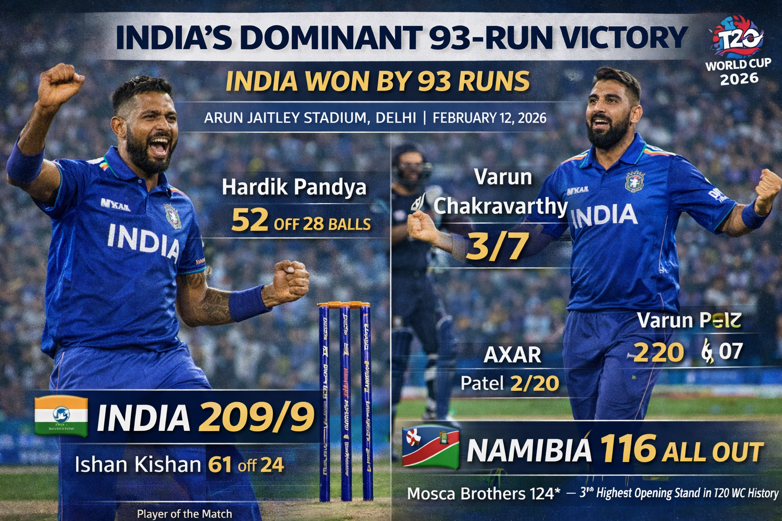 India beat Namibia by 93 Runs in T20 World Cup 2026