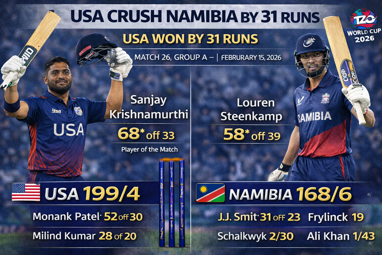 USA Keep Super 8 Hopes Alive with 31-Run Win against Namibia