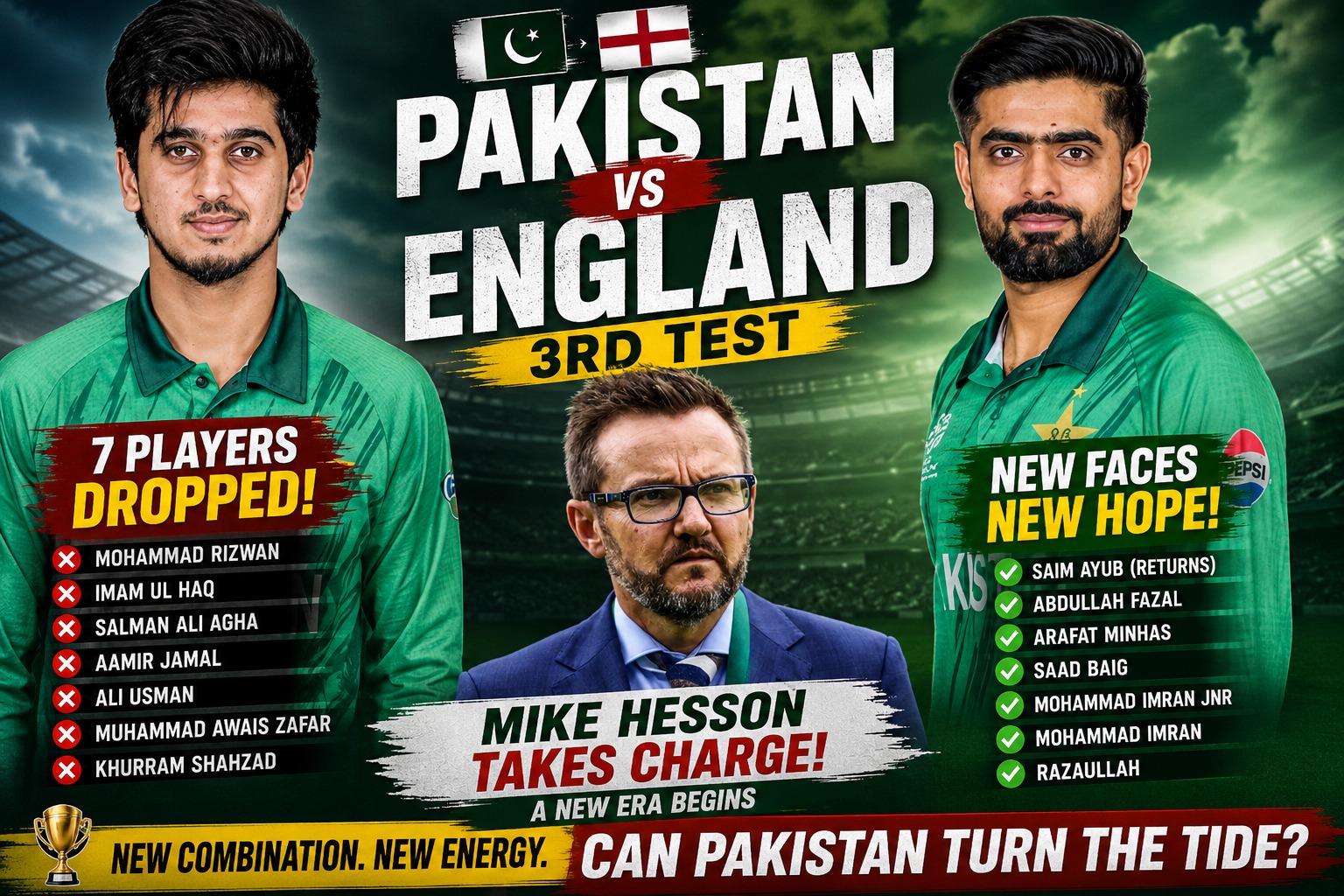 Pakistan vs England 3rd Test squad changes showing seven dropped players new additions Saim Ayub Saad Baig Arafat Minhas and Mike Hesson