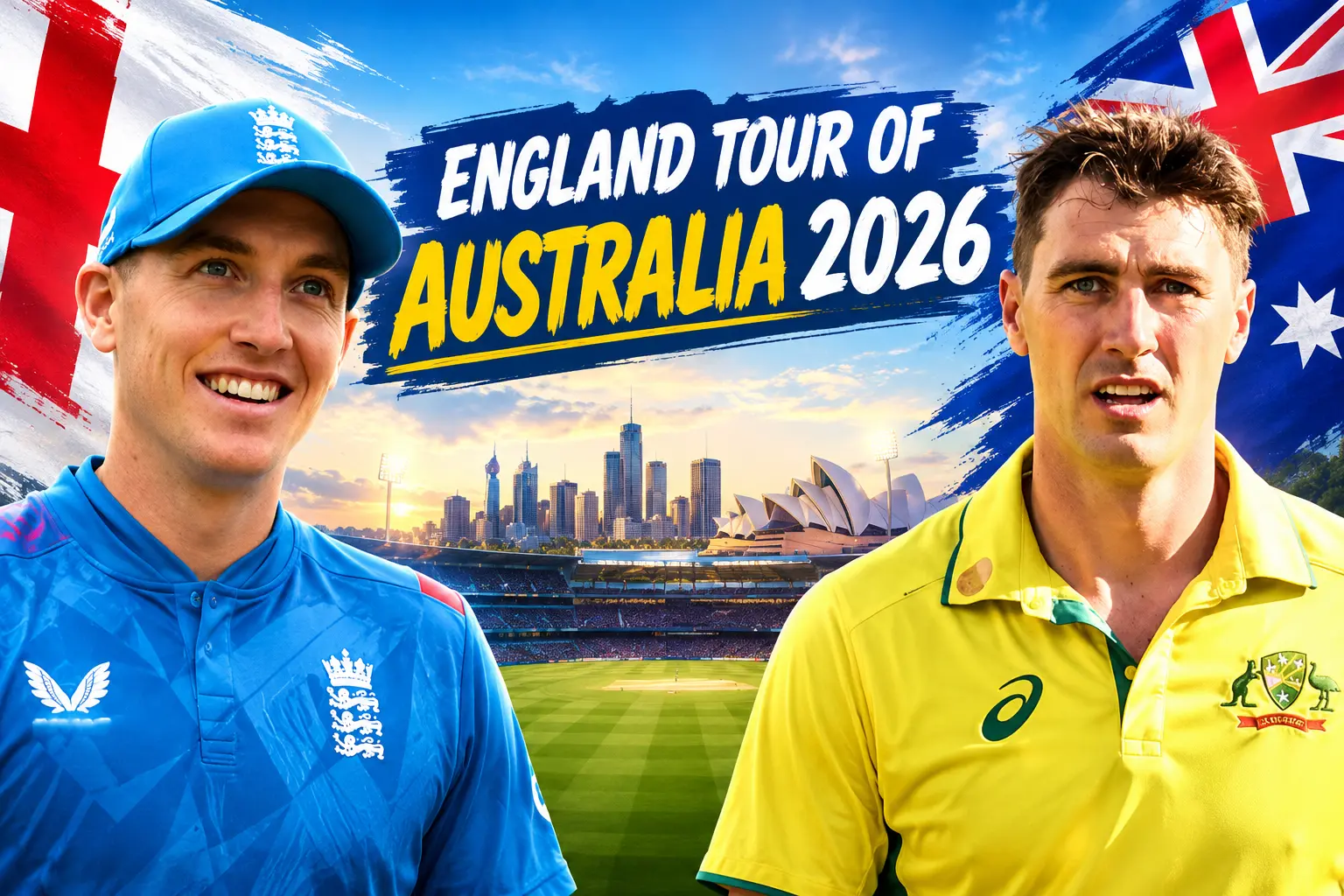 England Tour of Australia 2026 featuring England and Australia cricket players in national kits with a stadium background and tour schedule.